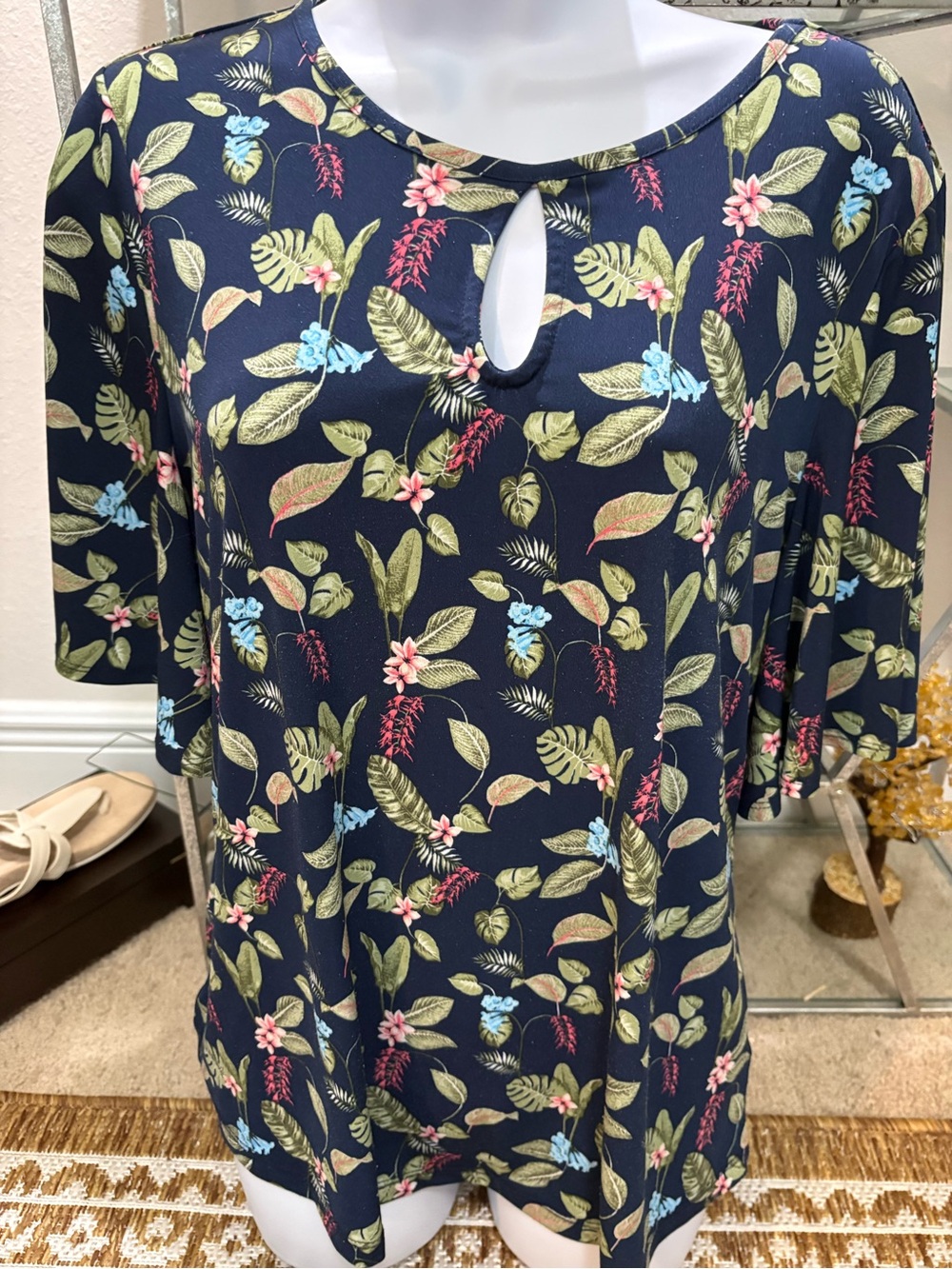 Charter Club womens bell short sleeve round neck blue green floral blouse sz m